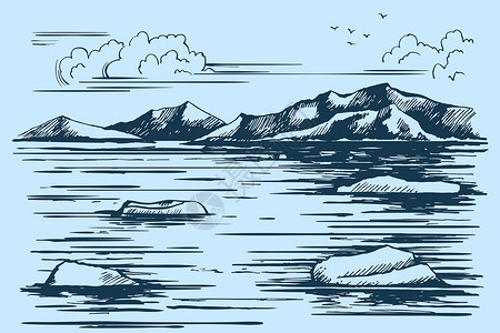 水下的山南极大陆草图冻结冰山雕刻海洋环境绘画悬崖插图天空破冰设计图片