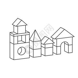建筑模块素材用于彩色书的线条样式风格玩具建筑塔插图学习塑料木头模块建筑物建筑学婴儿童年立方体城堡插画