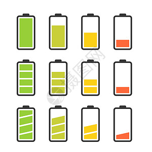 苹果手机充电界面配有多彩充电级别指标的电池图标集力量燃料插图累加器技术电压充电器收费界面黑色插画