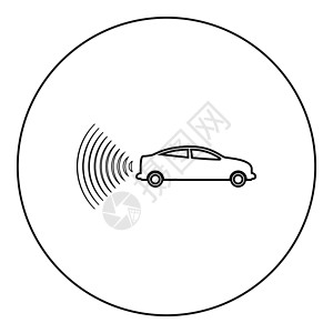 车载无线充电车载无线电信号传感器智能技术自动驾驶后向图标 环绕黑色矢量图示图像轮廓轮廓等宽线细形风格插画