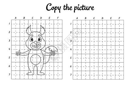 复制图片 按网格绘制 为孩子们涂色书页 手写练习绘画技能训练 教育开发可打印工作表 活动页面 可爱的卡通矢量图意义松鼠动物插图林背景图片