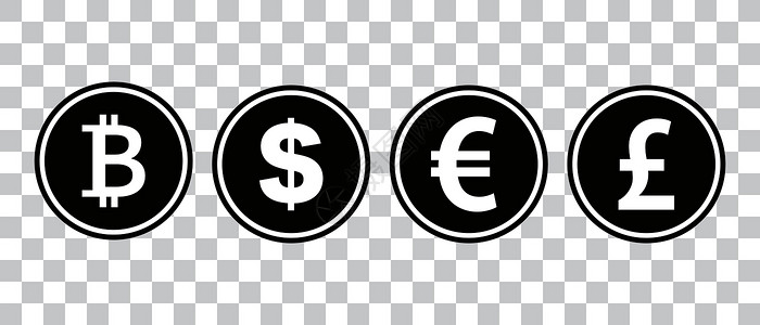 挖矿图标比特币 美元 英镑和欧元的黑色硬币图标集 关于货币的剪影 矢量设计图片