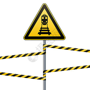 小心危险警告标志安全 当心火车 带有黑色图像的黄色三角形 杆子上的标志和保护丝带 矢量图像栅栏风险金属旅行信号乐队邮政警卫横幅磁背景图片