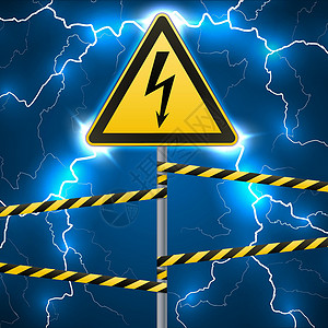 超级风暴警告牌 触电危险 围栏危险区 有标志的柱子 雷击 闪弧 梦幻般的背景插画