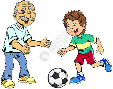 踢足球卡通外祖父和孙子一起踢足球孩子们运动员男生卡通片家庭男人运动玩家男性两个人背景