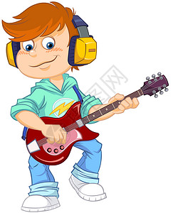 卡通男生弹吉他男孩弹吉他卡通耳机岩石男生童年男人头发吉他乐趣衣服背景