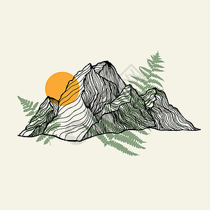 山脉LOGO山 太阳和幼苗线艺术向量印刷 纺织品 卡片 设计 logo的矢量图解打印蚀刻航程绘画旅游游客岩石环境标识土地插画