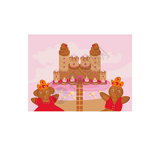 草莓水晶汤圆带有糖果的城堡仙境故事卡通片蛋糕奶油水晶土地插图绘画国王插画