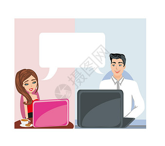 网上的爱女性幸福桌子技术夫妻电脑男人插图互联网女孩背景图片