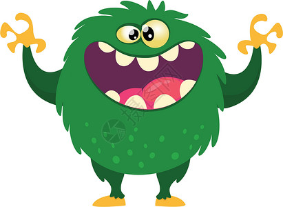 充满牙齿的大嘴巴的喜悦卡通怪兽 矢量绿色怪物插图 万圣节设计符号派对舌头坡度表情地精艺术吉祥物动物大脚背景图片
