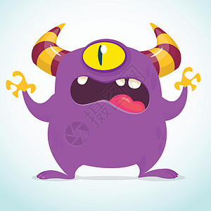紫色怪兽有趣的漫画怪兽 矢量怪兽插图 万圣节设计地精动物独眼牙齿夹子眼泪巨人紫色表情恶魔插画