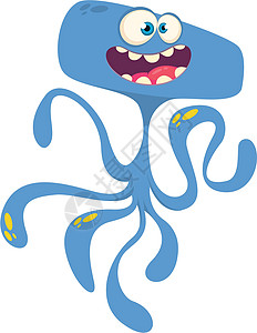 蓝色章鱼边框有趣的漫画怪兽 万圣节矢量插图章鱼微笑表情游泳乌贼牙齿坡度怪人艺术夹子插画