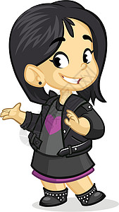 风扇剪贴画穿着黑色微笑和展示的黑发可爱小女孩 Victor 漫画摇滚风扇角色表情Name插画