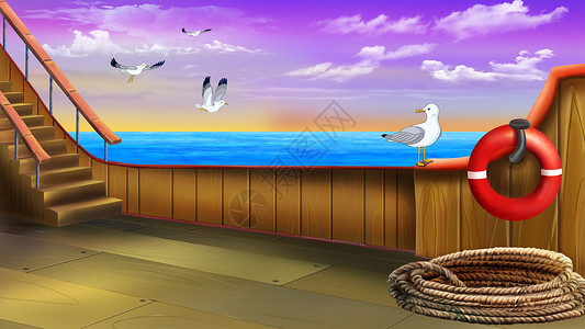船甲板上的海鸥野生动物舷梯绘画旅行绳索色彩海洋天空动物卡通片背景