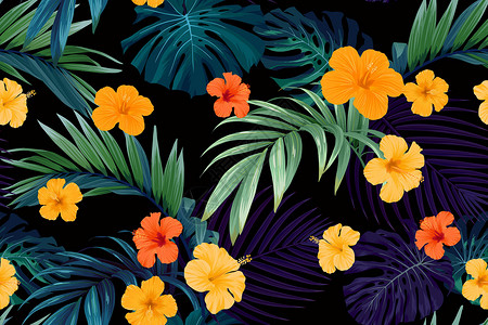 深色植物丛林无缝手牵引热带矢量模式 有明亮的象皮花和深色背景的外来棕榈叶橙子森林织物插图树叶情调墙纸异国纺织品植物插画