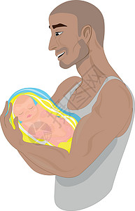 刚出生的宝宝一个快乐的父亲带着孩子的插图 快乐的爸爸把他刚出生的婴儿抱在怀里 他的眼里充满了幸福的泪水 父亲节快乐 乌克兰父亲插画
