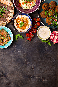 阿拉伯语盘子背景沙拉宴会乡村派对羊肉框架豆泥菜单横幅餐厅背景图片