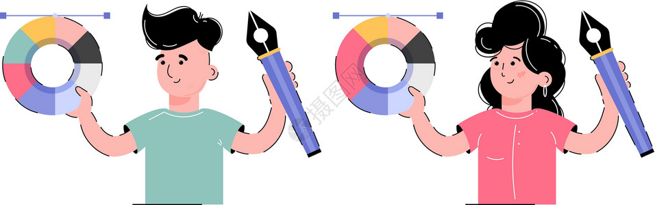 以艺术为主题 一个女孩和一个男孩手里拿着调色板和画笔 用于设计演示文稿 应用程序和网站的元素 趋势图背景图片