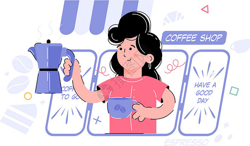 女孩咖啡厅工作咖啡厅主题 这个女孩拿着一个杯子和一个咖啡壶 用于设计演示文稿 应用程序和网站的元素 趋势图设计图片