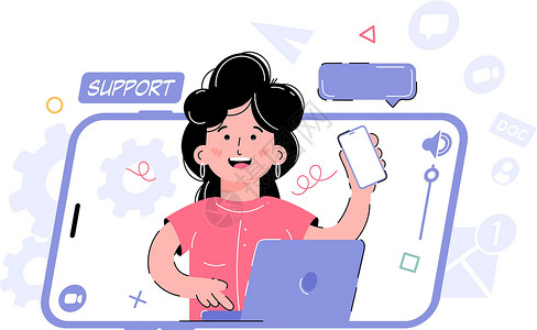 支助主题 女孩拥有电话 在计算机上工作;演示 应用和网站设计要素;趋势说明(A/CONF 189/PC 1/1)设计图片
