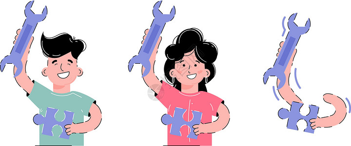 一把扳手设置主题支持 技术支持 女孩和男孩手里拿着一把手动钥匙 用于设计演示文稿 应用程序和网站的元素 趋势图插画