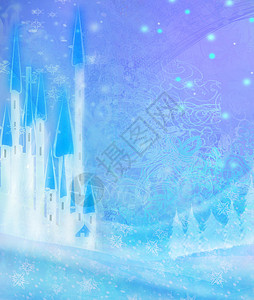 冬季风景与城堡降雪天气蓝色卡片丘陵星星森林季节魔法庆典背景图片