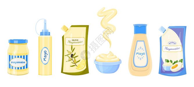 奶粉包装素材一套装有蛋黄酱的瓶 罐和袋插画