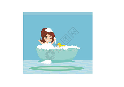 婴儿浴缸女婴洗澡和玩耍喜悦洗涤生活女孩玩具头发插图小鸭子乐趣微笑设计图片