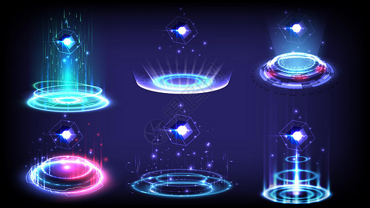 发光的 HUD 中的科幻高科技舞台集合 奇幻游戏中的魔法传送门 圆形传送讲台 射线 GUI UI 虚拟现实用户 全息图门户旋流灯背景图片