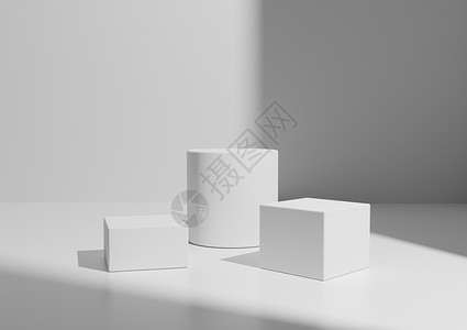 产品显示的简单最小白光或浅灰色三或立体构件 三维几何表示背景 从右侧有窗口光背景图片