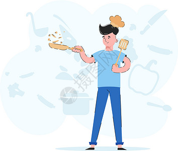 平底锅铲子这人手里拿着一个煎锅 食物在他的手中 主厨概念 趋势平坦的矢量设计图片