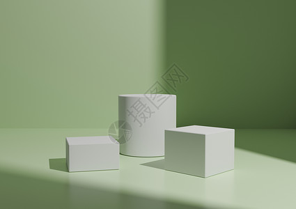 产品显示的简单三根白或立方构成 几何表 3D 发光 贴纸绿色背景和右侧的窗口光窗灯广告小样淡绿色展台立方体工作室作品陈列柜圆柱背景图片