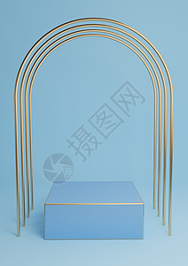 明亮的浅天蓝色 3D 渲染最小的产品展示立方体讲台或带有豪华金拱门和金线的展台 简单的背景抽象构成背景图片