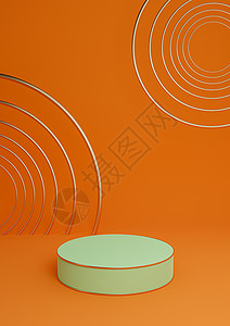 霓虹橙色 亮红色 3D 渲染最小产品展示豪华圆柱台或产品背景抽象构图与金线和圆圈背景图片