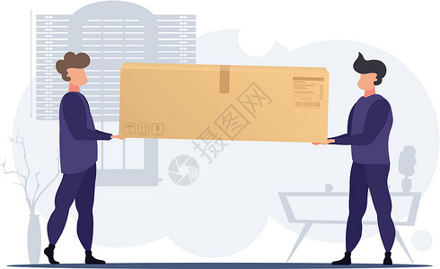 送你回家移动者或信使携带一个大盒子 将包裹送回家或搬家的概念 卡通风格 矢量插图插画