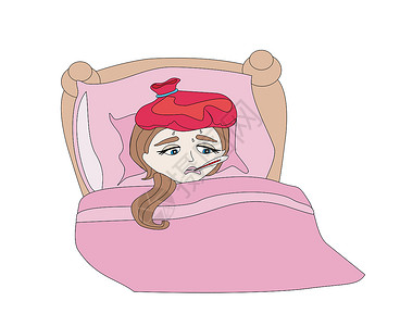 汗多关于一名生病女孩躺在床上的插图孩子热水袋女性病床女士悲伤被子高温发烧医院插画