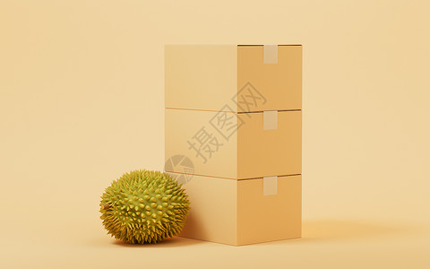 榴莲盒子杜里安有货箱 3D交接邮件纸板情调贮存运输船运热带营养甜点水果背景