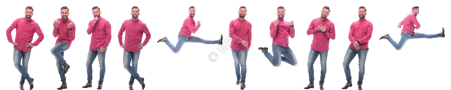 一张红衬衫英俊男子照片的拼贴图红色拼贴画牛仔布微笑男性白色牛仔裤广告情感全景背景图片
