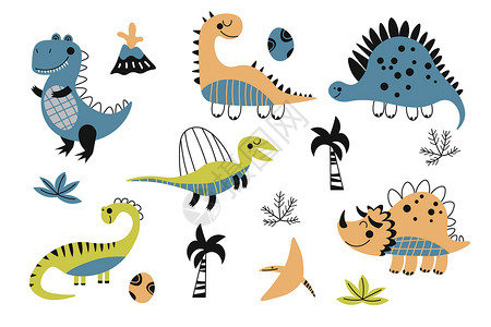 组的恐龙 卡通恐龙的集合 儿童史前动物的矢量图解 为孩子们画画 每股收益背景图片