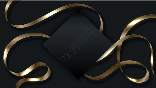 海浪横幅3D 金丝带卷卷形元素 黑色平方徽章 黑背景奢华风格设计图片