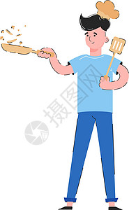 平底锅铲子这人手里拿着一个煎锅 食物在他的手中 主厨概念 孤立于白色背景中 Trindy平面矢量设计图片