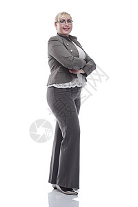 裤衩现代商业妇女看相机 孤立在白色的镜头上服饰微笑快乐眼镜衣柜裤子衣服律师夹克女士背景