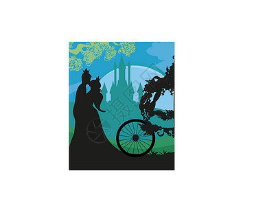 戴王冠太阳王子和公主亲吻荒野插图日落月亮想像力卡通片爬坡城堡框架夹子设计图片