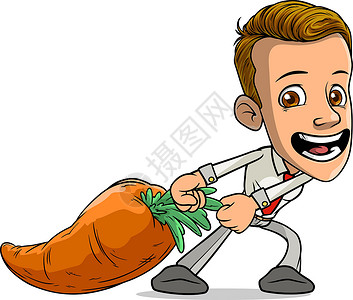 韩式大拖尾卡通微笑的男孩角色 拖着大胡萝卜插画