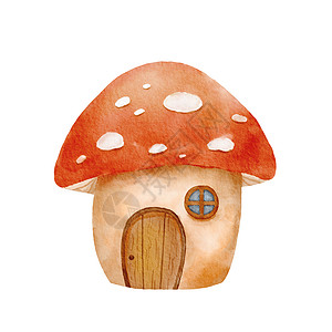 彩色蘑菇房子水彩色插图 用Fly Agaric蘑菇绘制 以白色背景隔离的森林可爱蘑菇屋背景