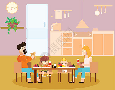 饭厅水果墙画卡通家庭快乐 一起在家吃晚饭插画