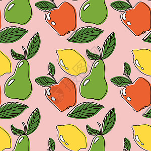 苹果和梨柠檬 苹果 叶子和梨矢量线艺术无缝图案 用于纺织品印花 卡片 设计 线条艺术风格水果矢量 具有无缝背景图的水果图案设计图片