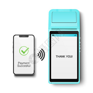 手机POS矢量 3d NFC 支付机和智能手机 支付成功 批准的交易 POS 终端 机器 电话隔离 银行支付无线非接触式终端设计模板 样机设计图片