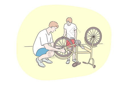 自行车修理家庭 骑自行车 修理 父亲日概念娱乐车轮男人车辆驾驶快乐孩子卡通片男生身份插画