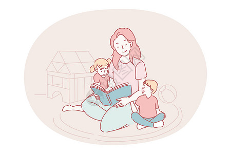母亲和女儿看书在家与儿童一起享受休闲娱乐和活动快乐的概念学习微笑故事女性教育女儿文学乐趣婴儿家庭插画